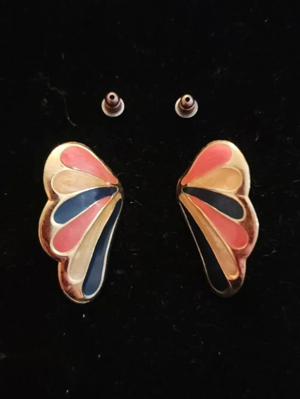 Vintage Enamel Colorful Butterfly Wings Pierced Earrings 1.5